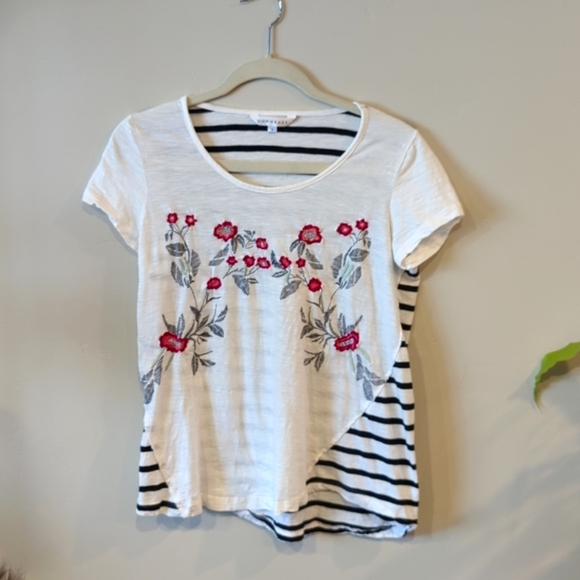 DownEast Floral Embroidery Striped Tee Shirt - Picture 1 of 4